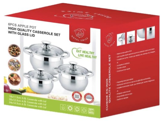 Batterie de cuisine Royal Swiss® - 6 pièces - Acier inoxydable - 18, 20 et 24 cm - Induction - Casseroles - Avec couvercles en verre - Tous feux