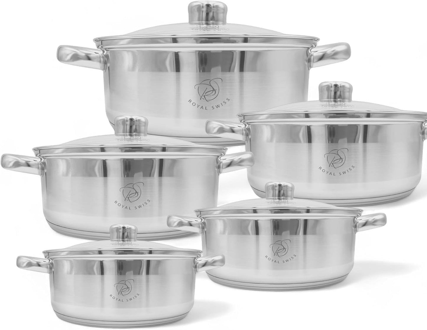 Royal Swiss® 10-Piece Stainless Steel 5-Layer Cookware Set, Stock Pot with Glass Lid, Suitable for All Heat Sources Including Induction