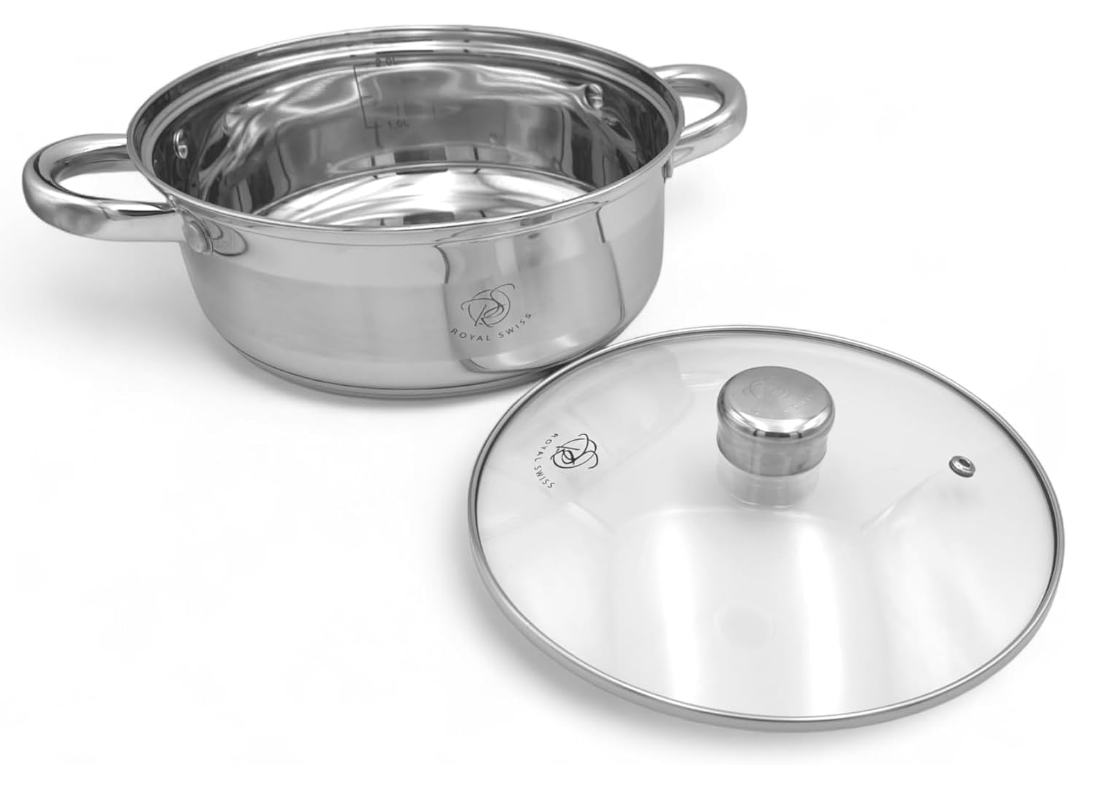 Royal Swiss® 10-Piece Stainless Steel 5-Layer Cookware Set, Stock Pot with Glass Lid, Suitable for All Heat Sources Including Induction