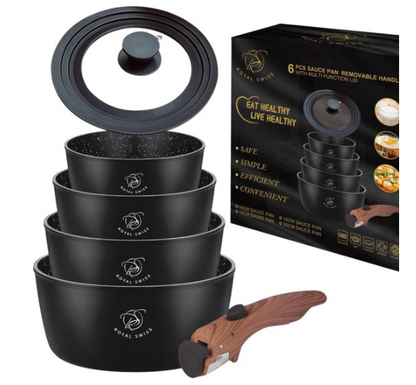 Royal Swiss® Batteries de cuisine à induction 11 pièces - Poignée amovible - Ensemble de poêles avec couvercle pour toutes sources de chaleur - Zwart - Casseroles et poêles sans PFOA - PFAS