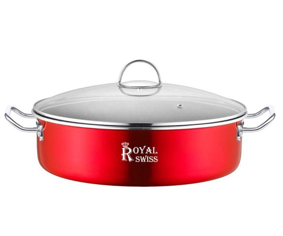 Royal Swiss Groot Casserole à Induction 32 cm - Set de Casseroles avec Revêtement Antiadhésif et Couvercle en Verres - Rouge